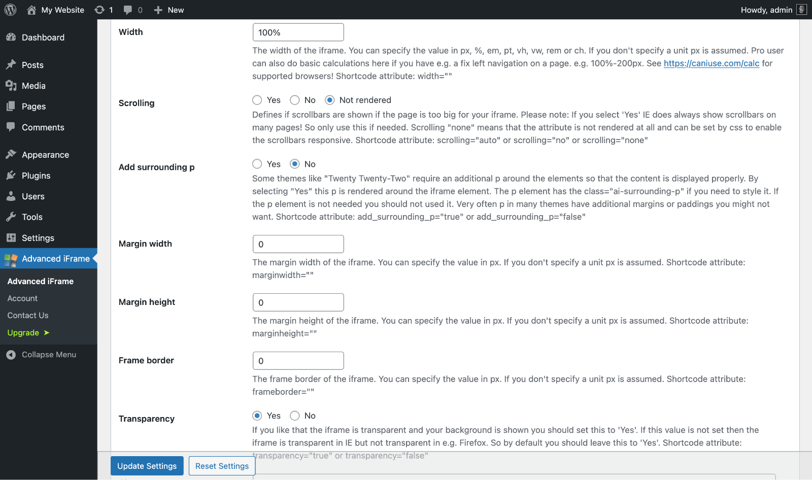Advanced iFrame settings