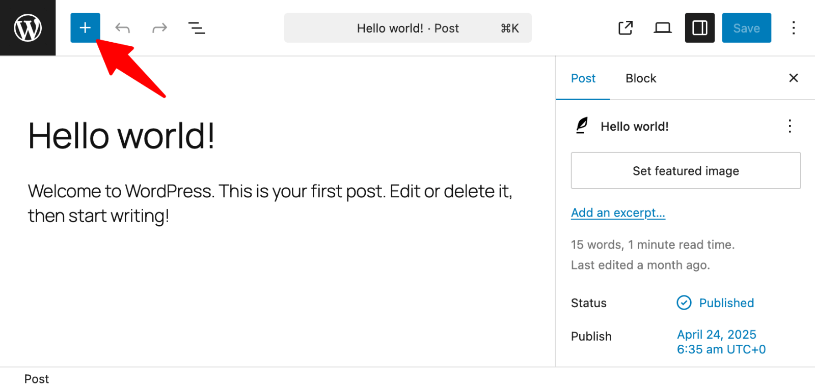 Block editor -> Add block