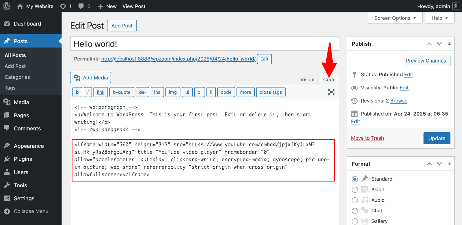 Embed code in Classic Editor