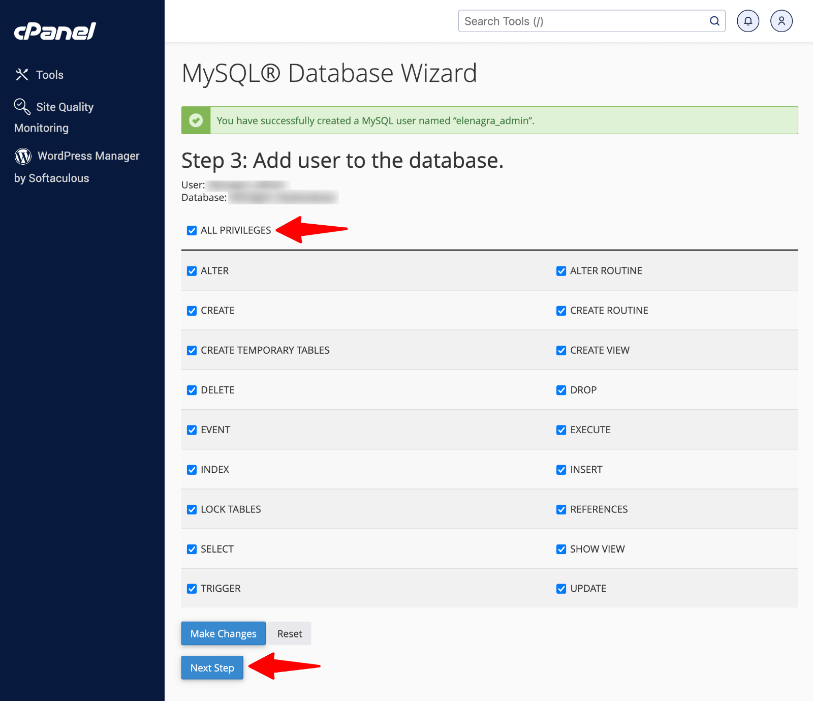 cPanel > Database priveleges
