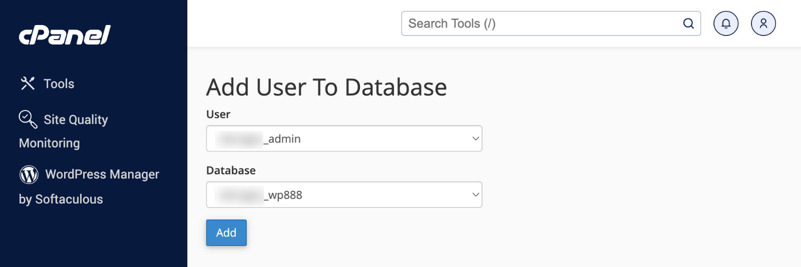 cPanel > MySQL Databases > Add user