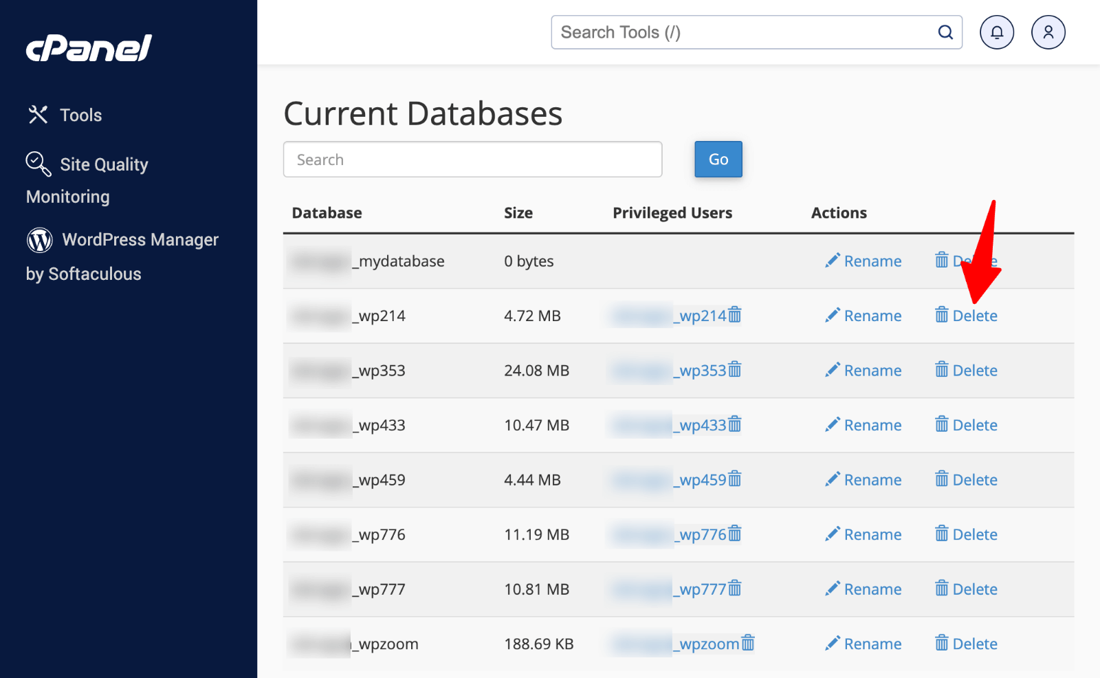 cPanel > MySQL Databases > delete database