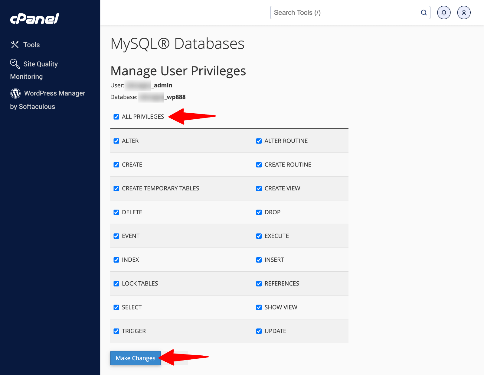 cPanel > MySQL Databases > user priveleges