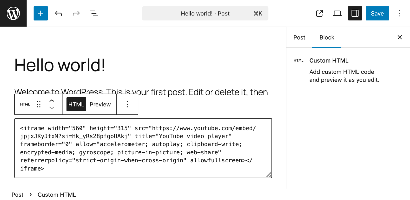 Embed code in custom HTML block