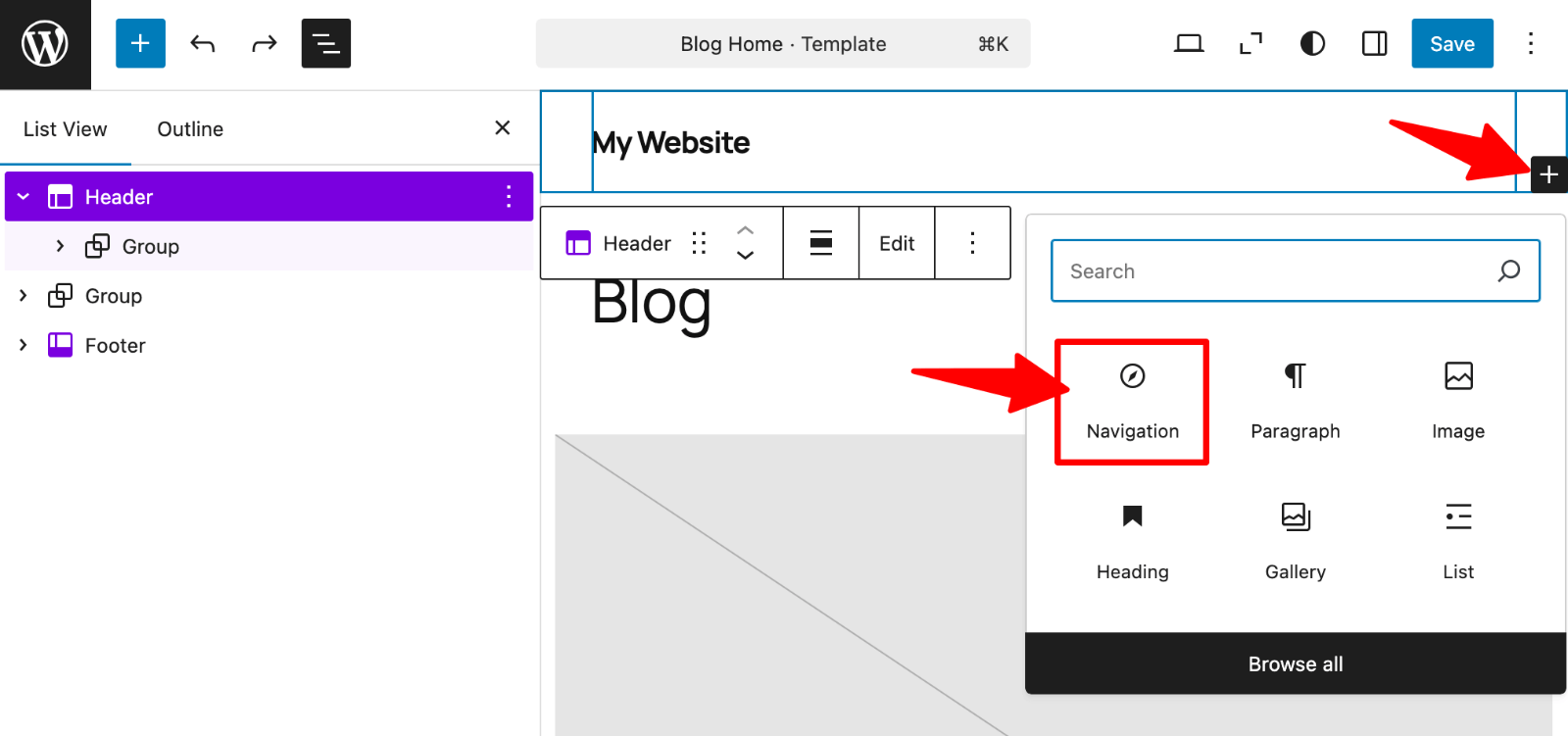 Editor > Add Navigation block