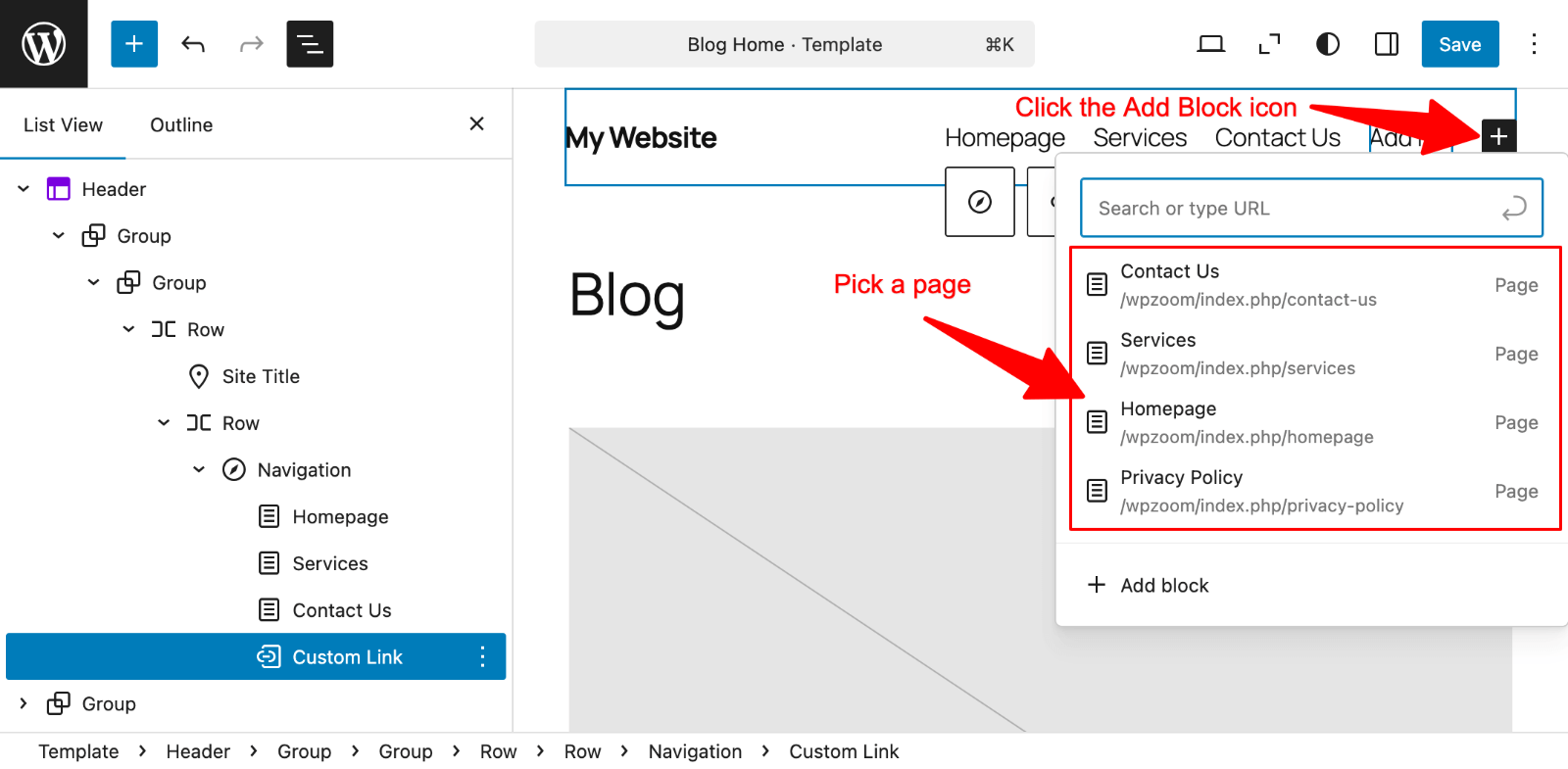 Editor > Add a page to menu