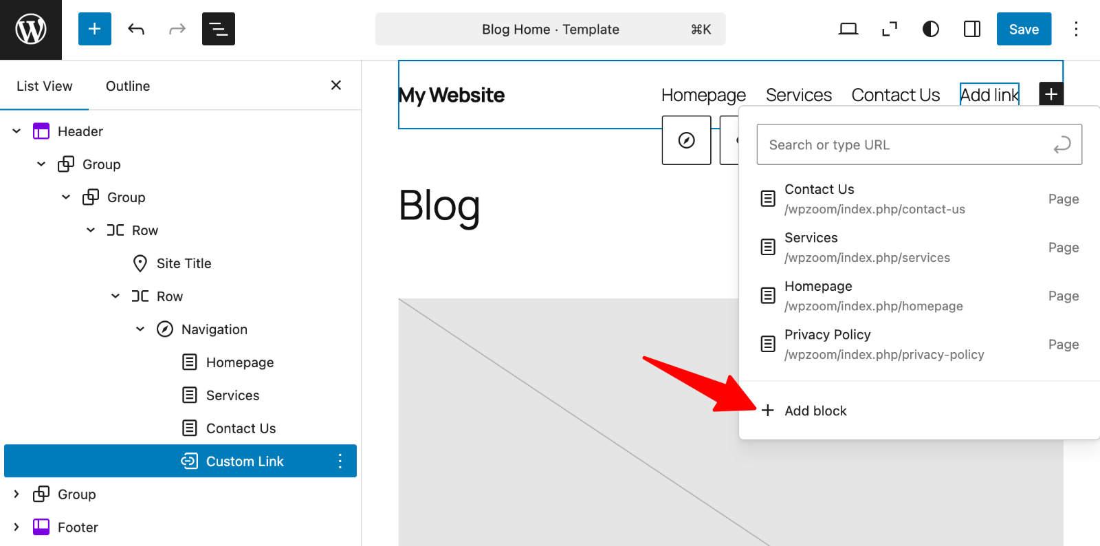 Editor > Menu > Add block