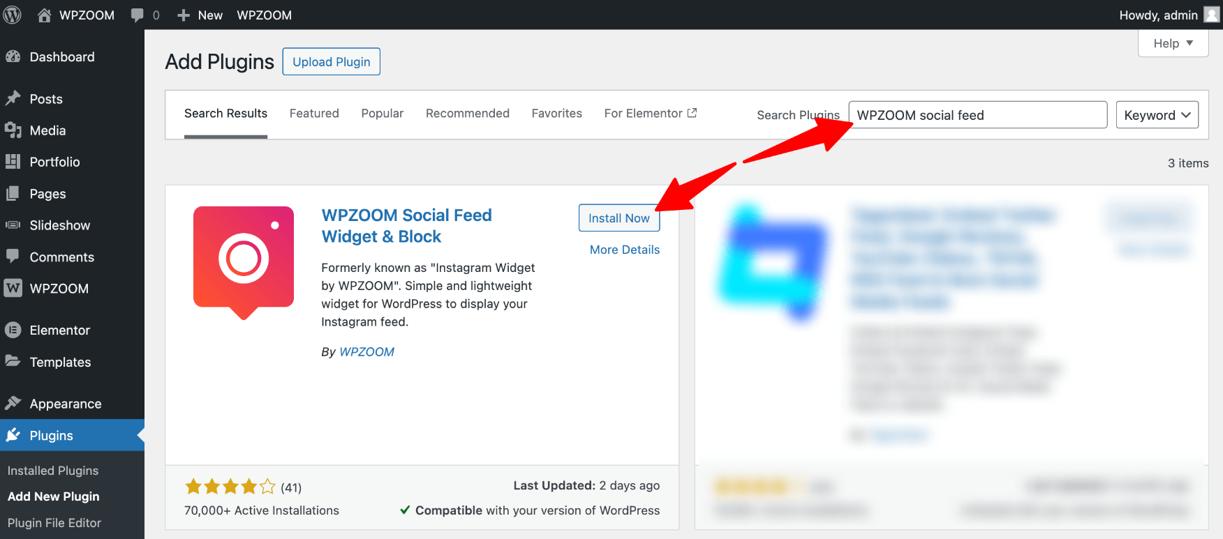 Install WPZOOM Social Feed & Block plugin