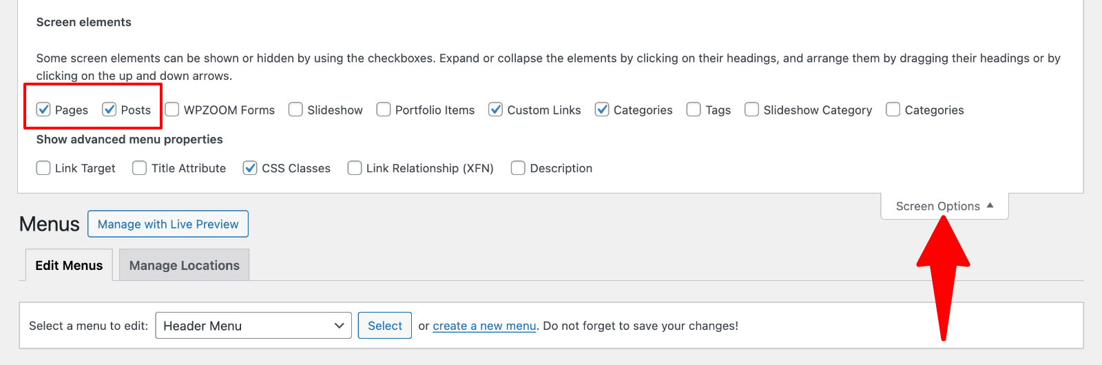 Menus Screen Options