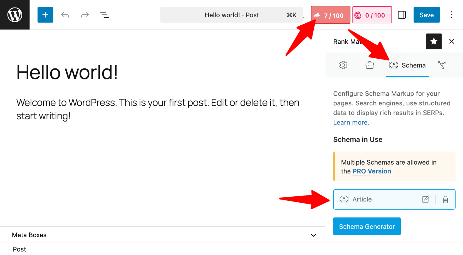 Rank Math -> Post editor Schema settings