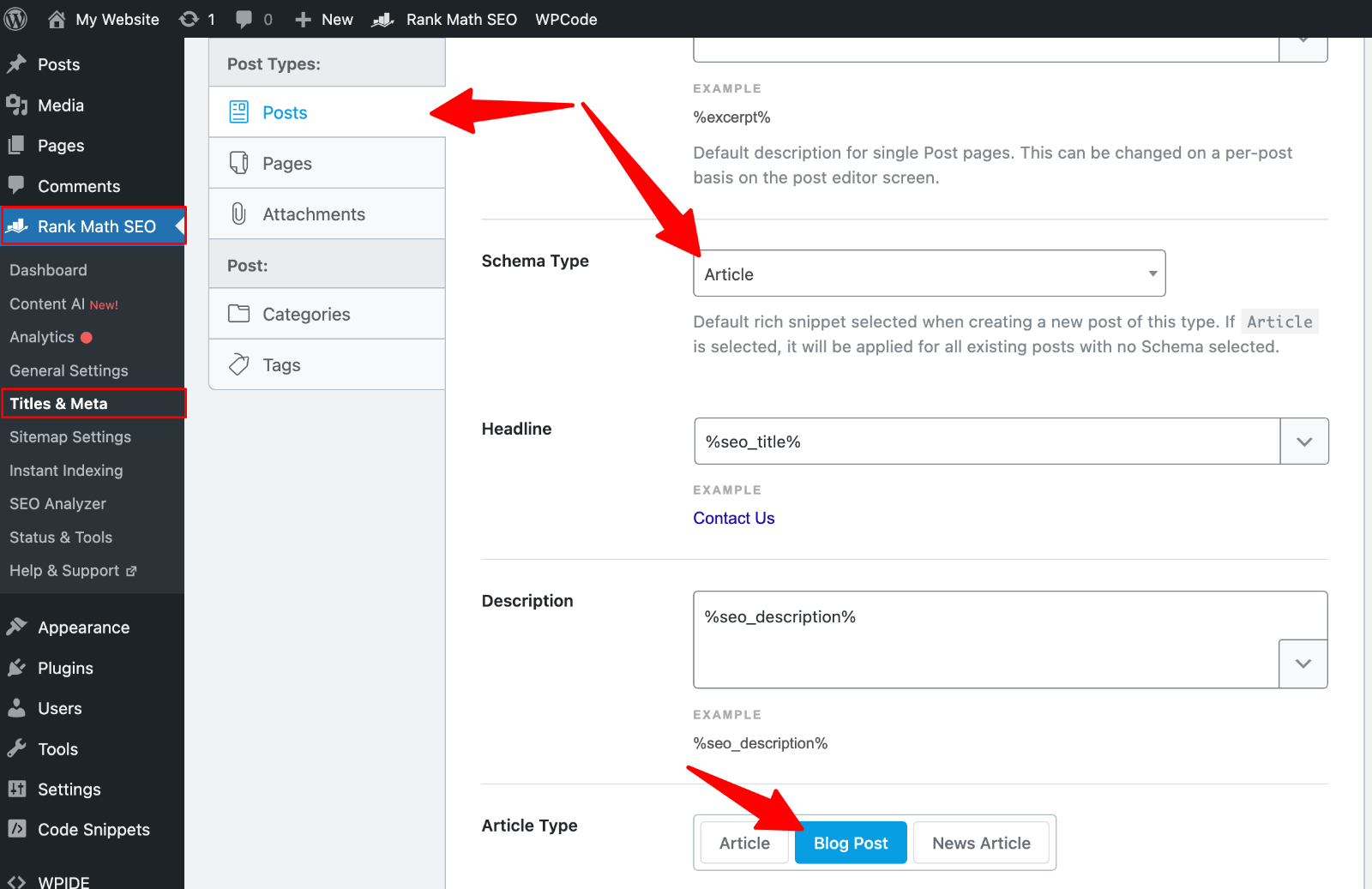 Rank Math Settings -> Title & Meta