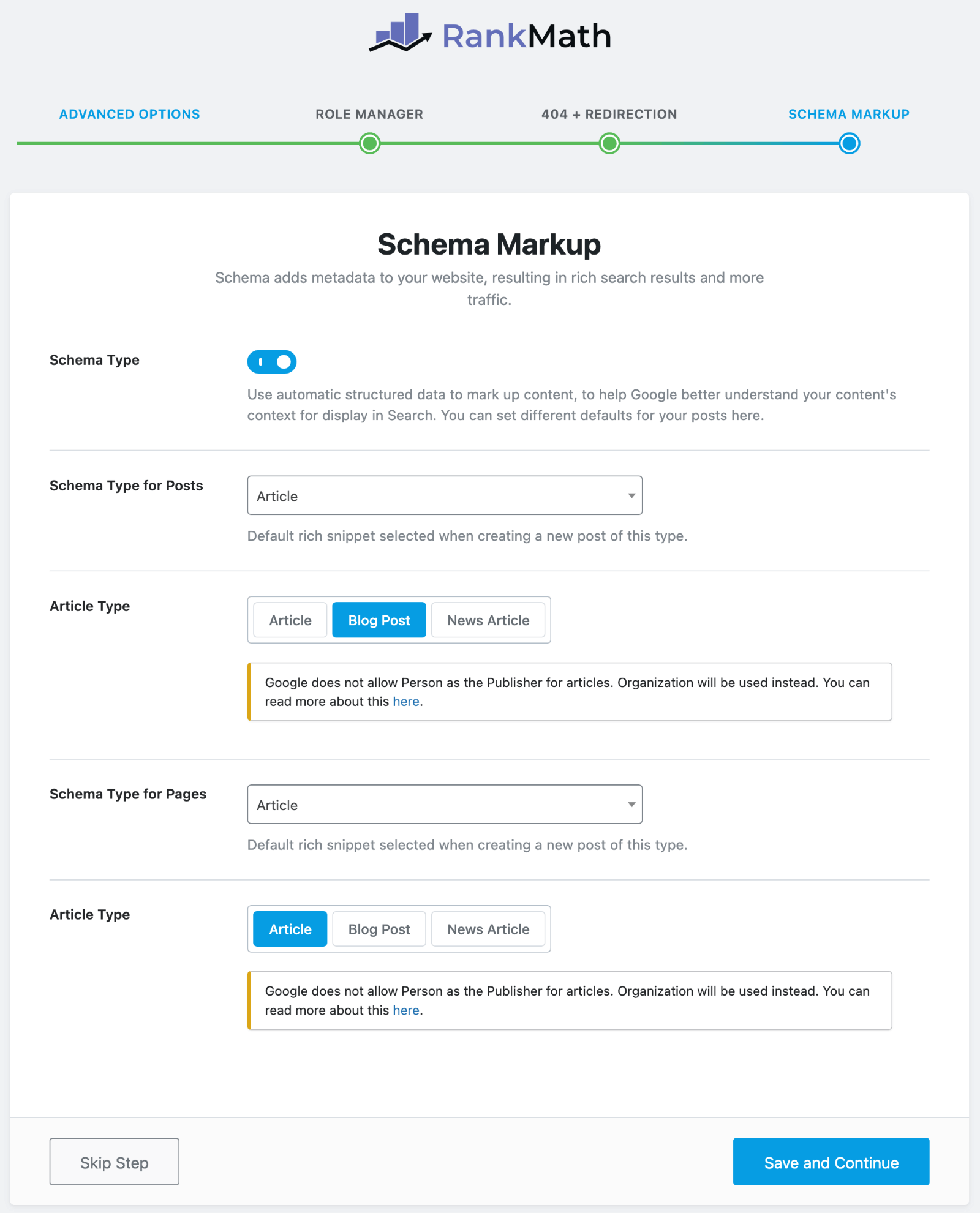 Rank Math Wizard - Schema Markup step