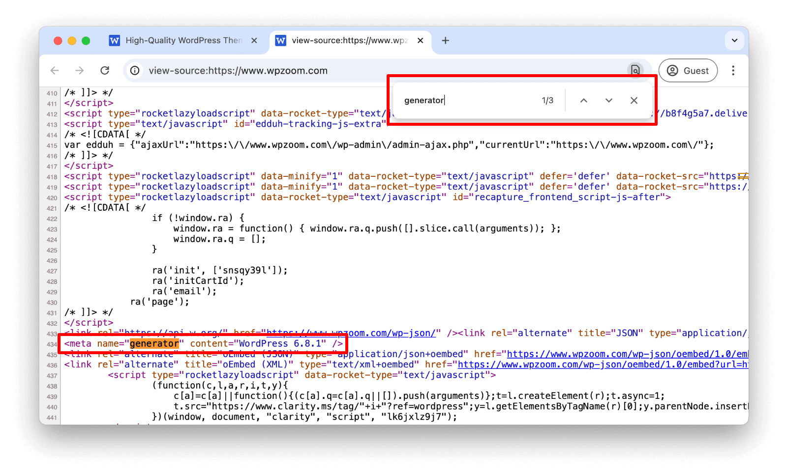 WordPress version in site source code