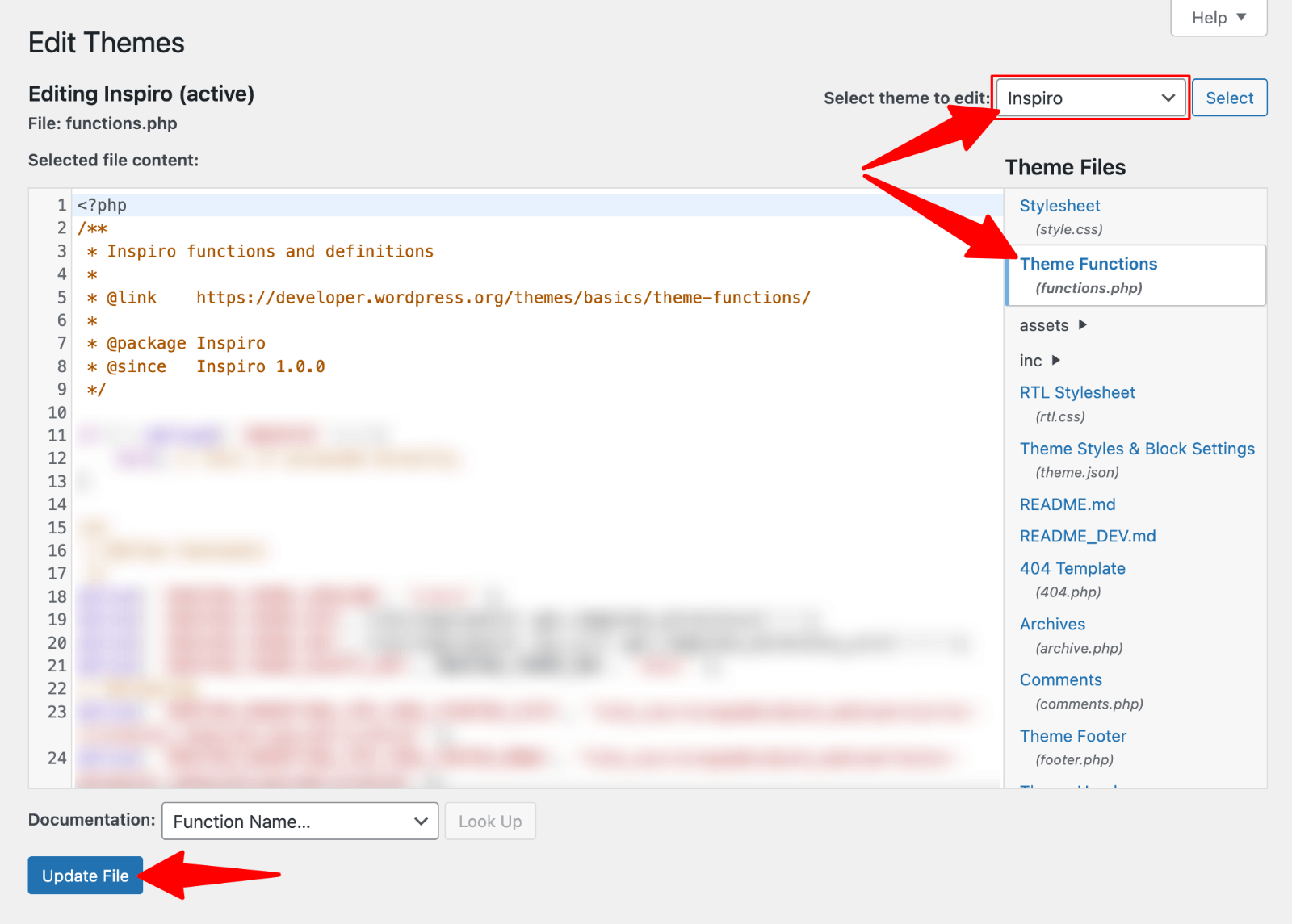 Editing functions.php in Theme File Editor