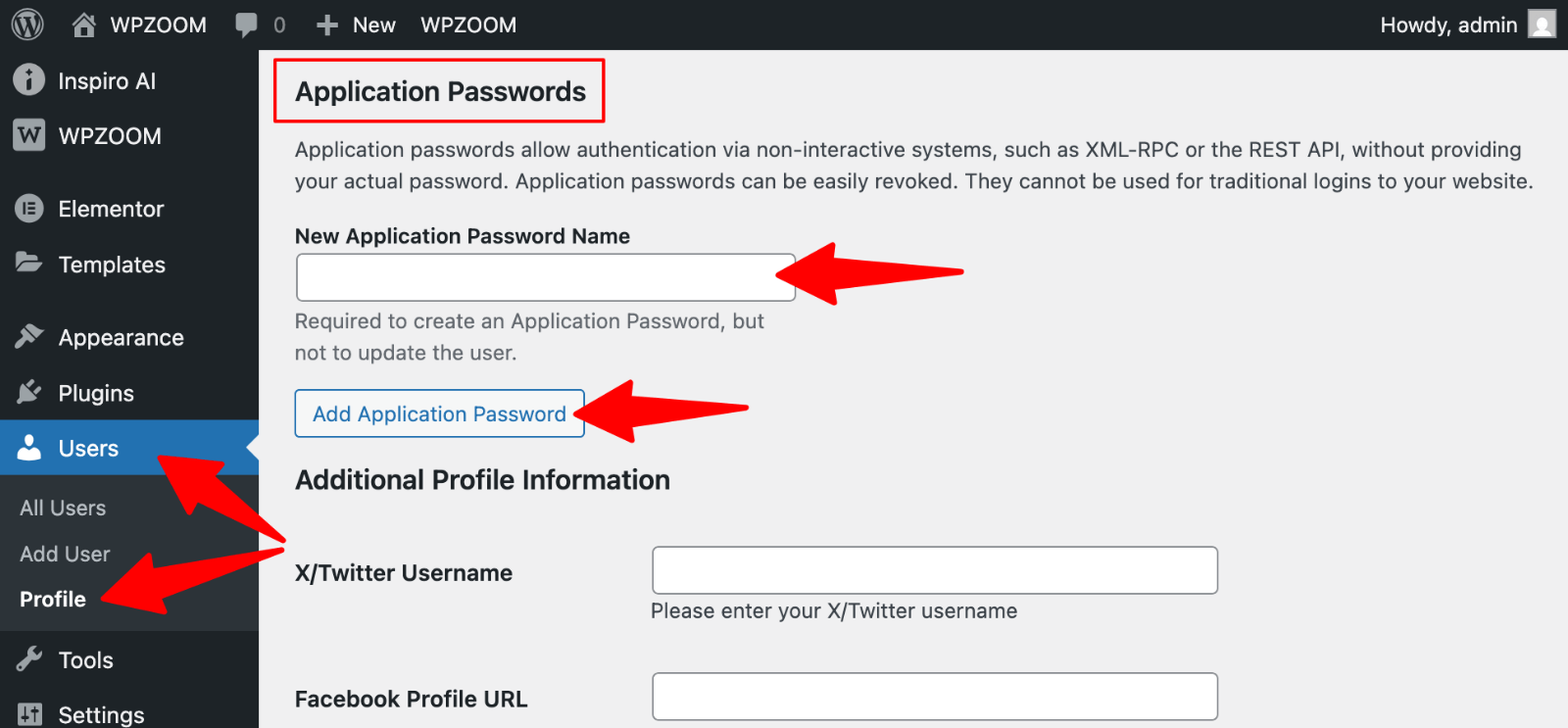 Users -> Profile -> Application Password