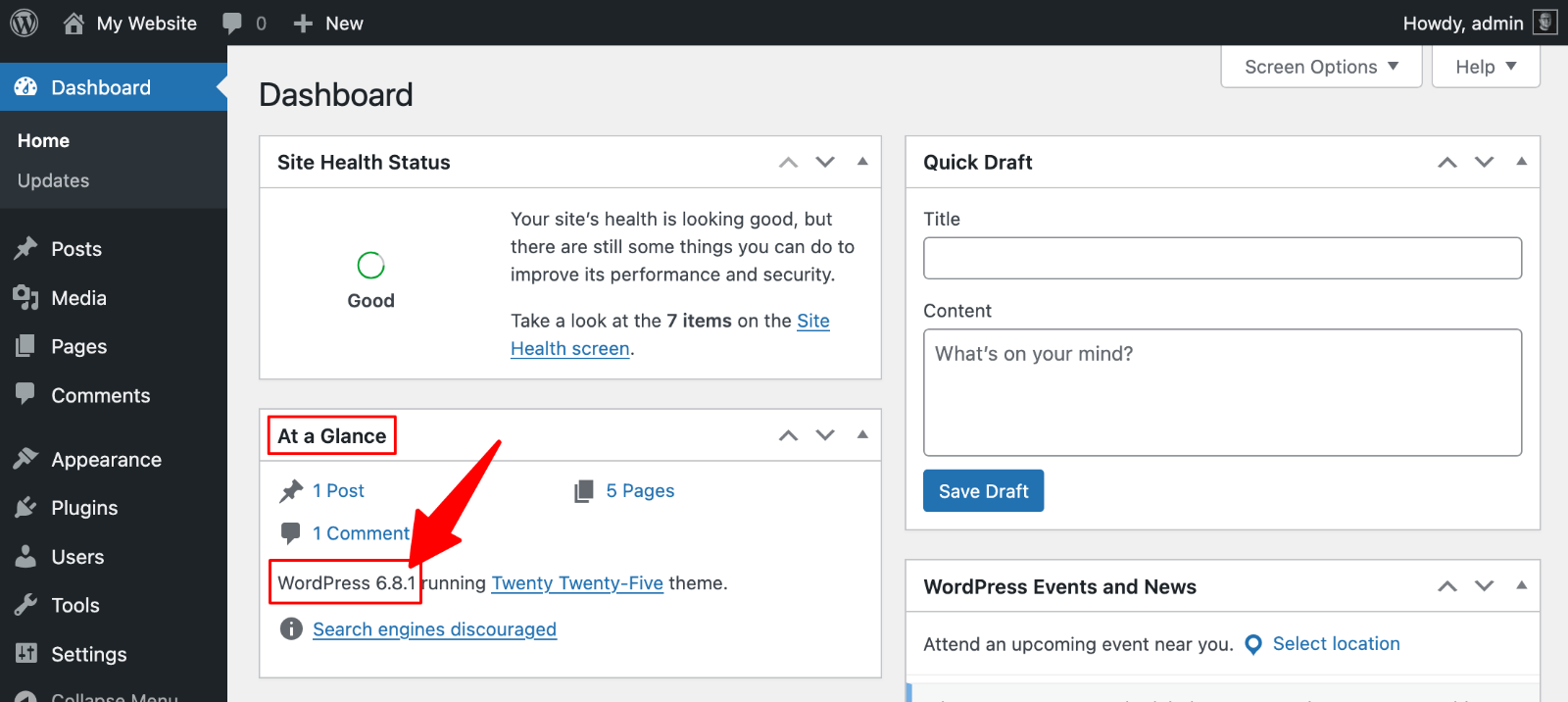 At a Glance on WordPress dashboard.