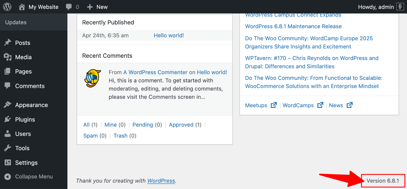 WordPress version on admin page footer