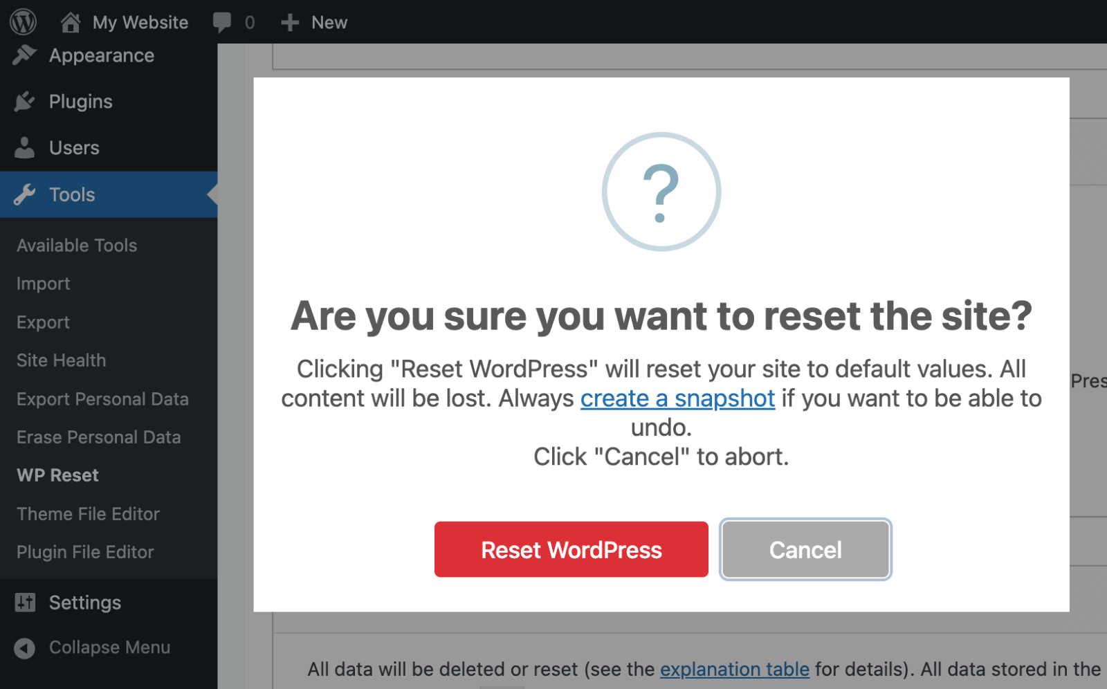 WP Reset > Confirm reset