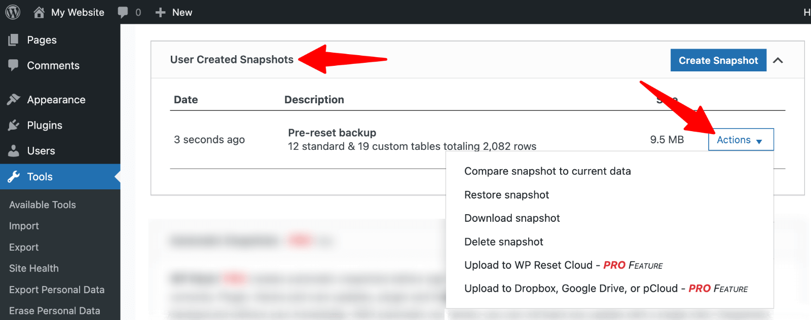 WP Reset > restore data