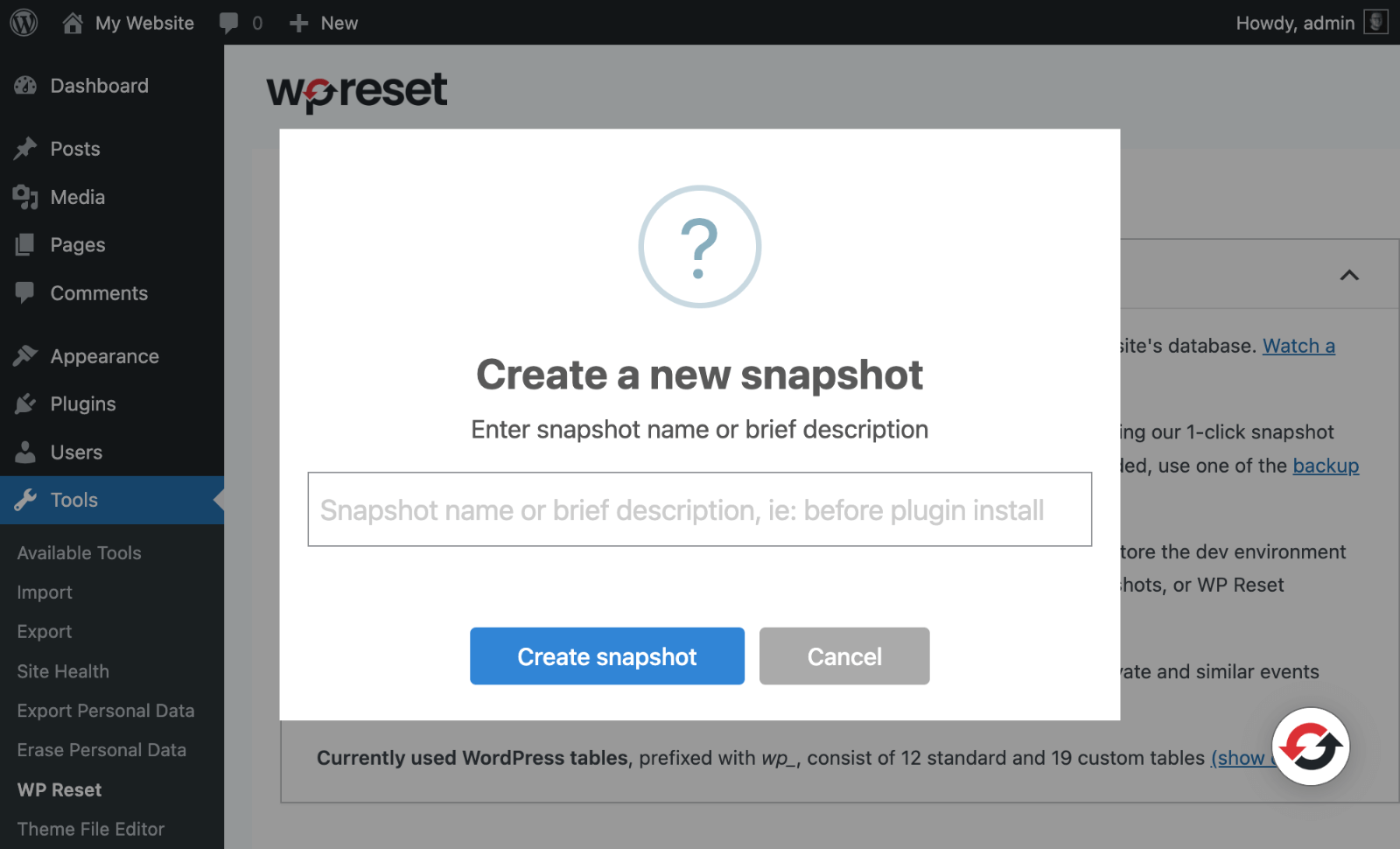 WP Reset > Snapshot name