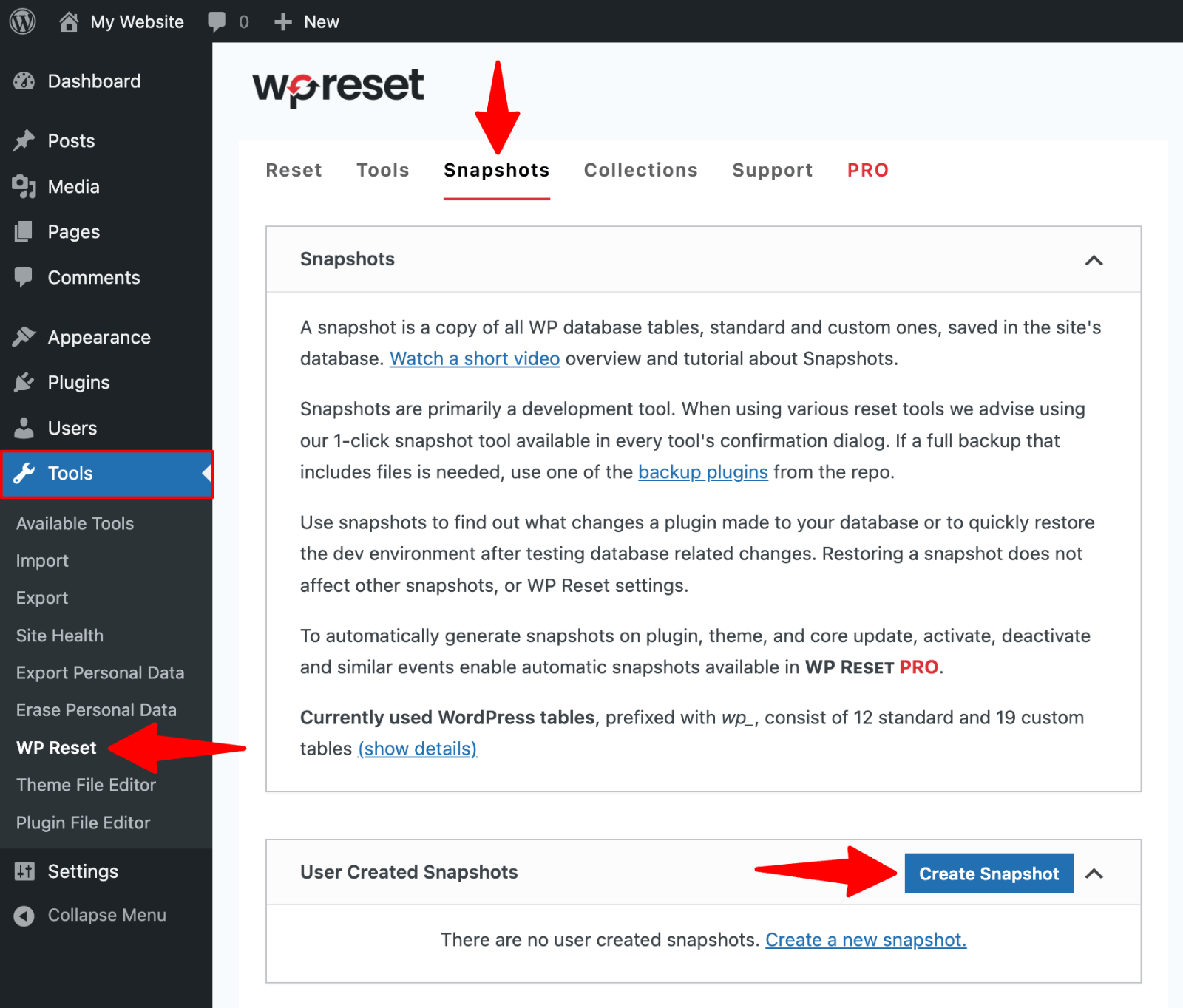 WP Reset > Snapshots