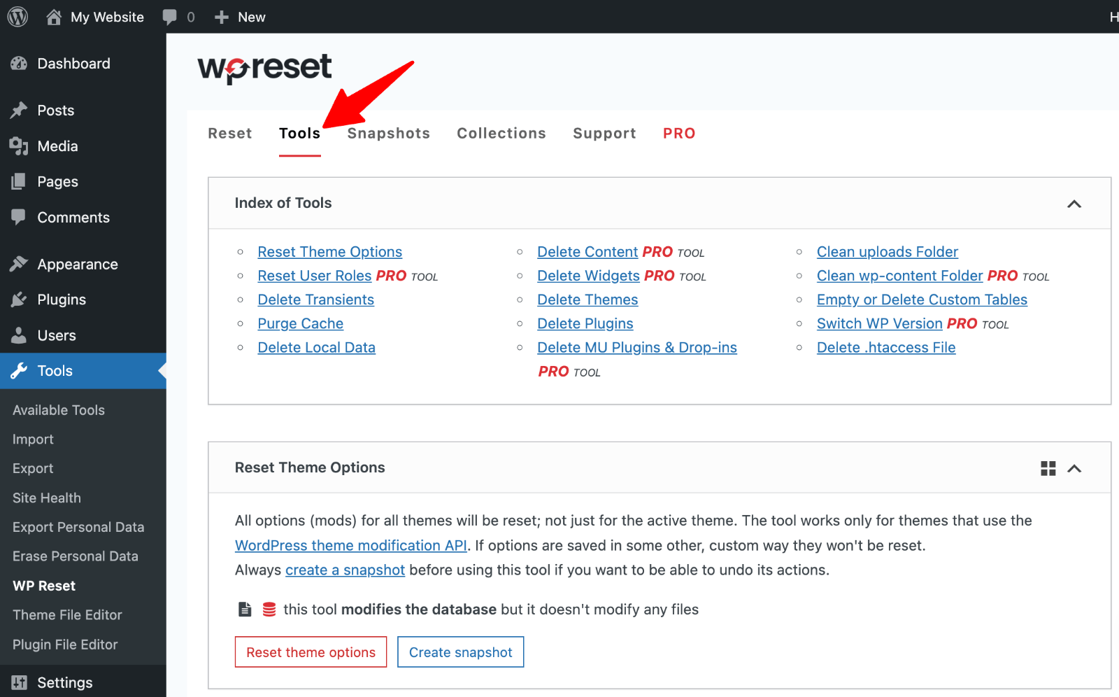 WP Reset > Tools