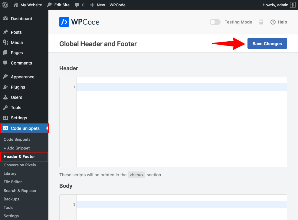 WPCode > Header & Footer