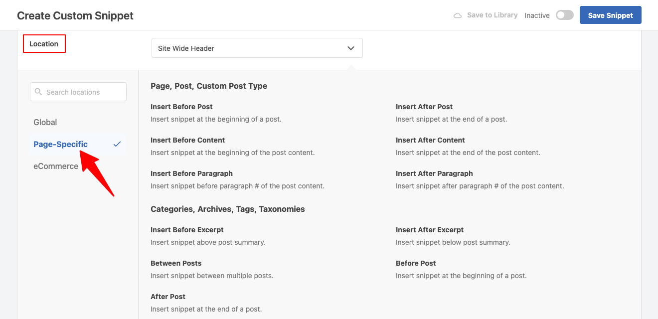 WPCode snippet location