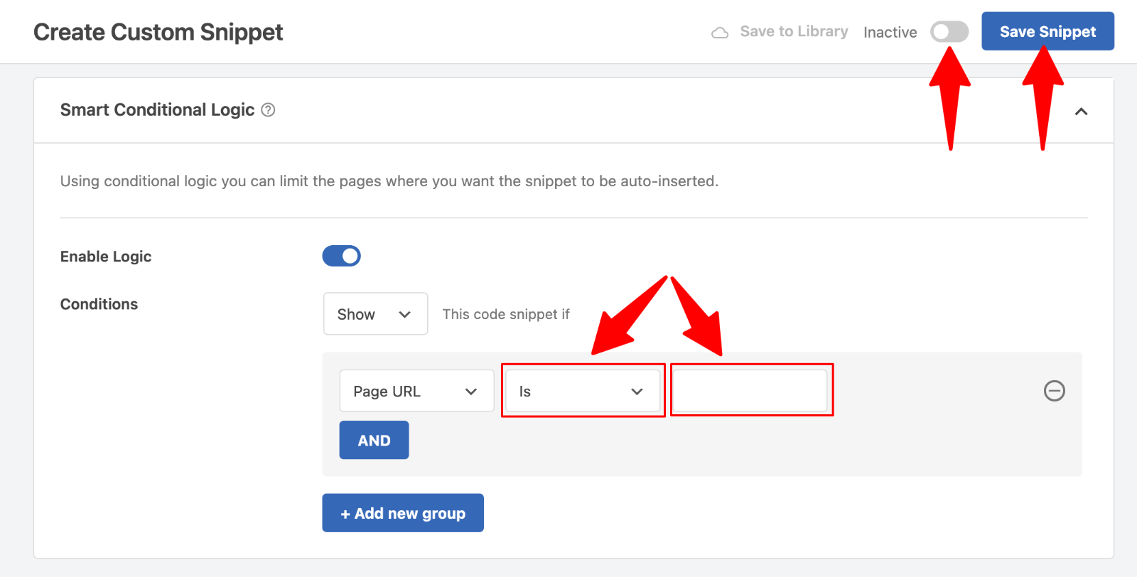 WPCode page URL. condition