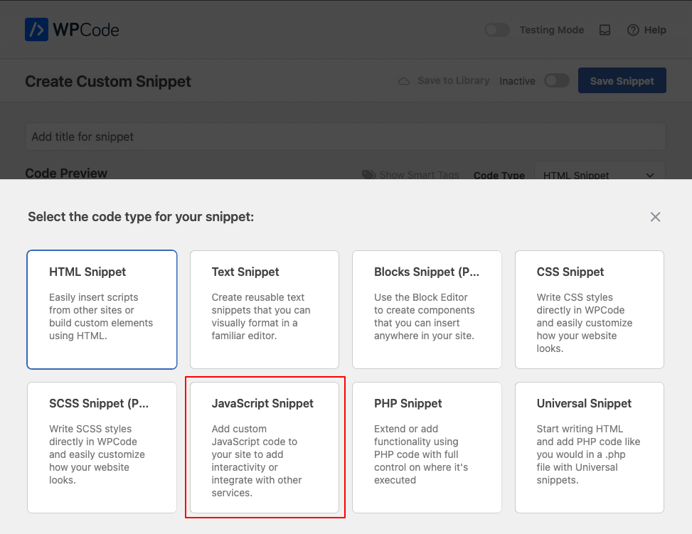 WPCode snippet code type